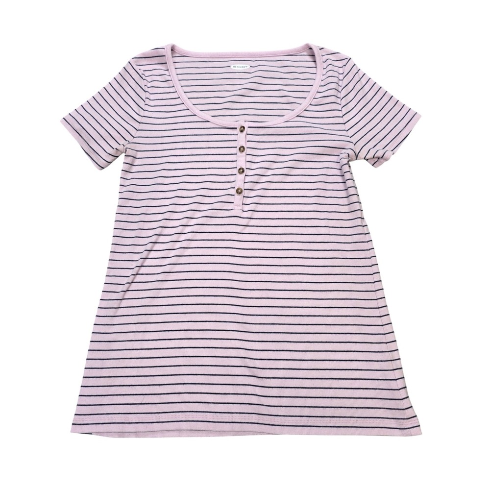 Old Navy Ribbed Short Sleeve Henley Knit Top Women's Size M Pink Black Striped